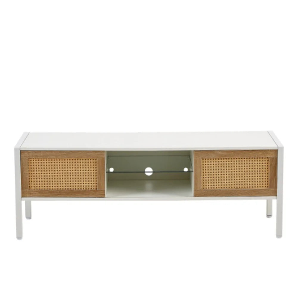 White Rattan TV Cabinet with Sliding Doors and Adjustable Shelf A158104