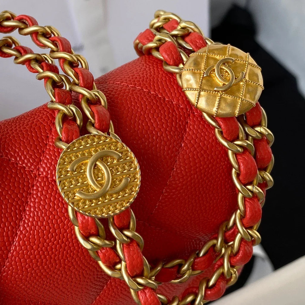 Mini Flap Bag With Top Handle Gold Hardware Red 7.9in/20cm A3303