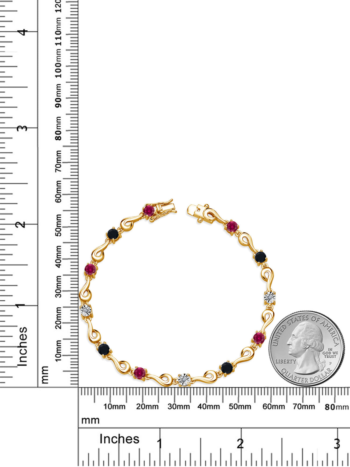 18K Yellow Gold Plated Silver Red Created Ruby Black Onyx White Lab Grown Diamond Bracelet S253380