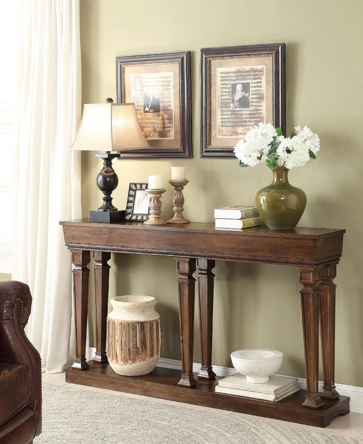 Oak Brown Wooden Console Table with Bottom Shelf T538840