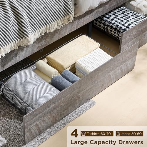 Queen Size Wood Platform Bed Frame with Storage Headboard and 4 Drawers J329293