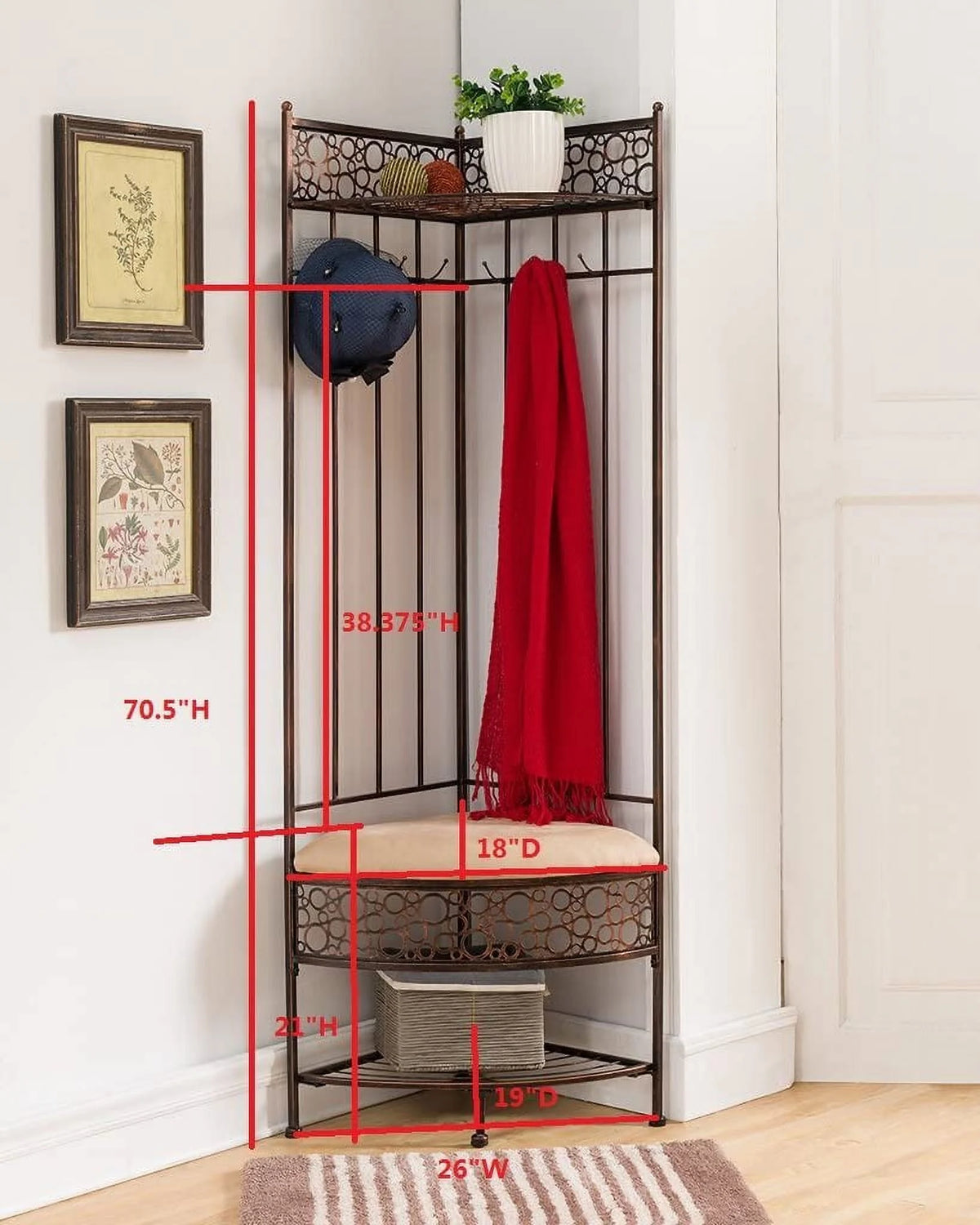 Brushed Copper Metal Storage Bench with Coat Rack L8860