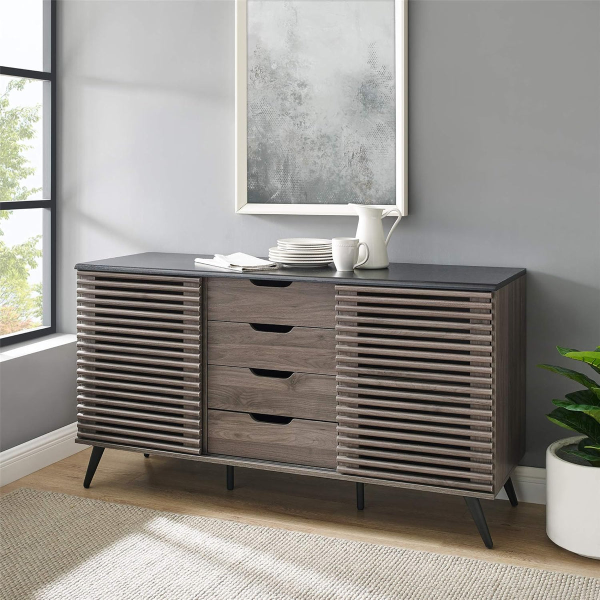 Black and Slate Grey 4 Drawer Sliding Door Wood Cabinet J971605