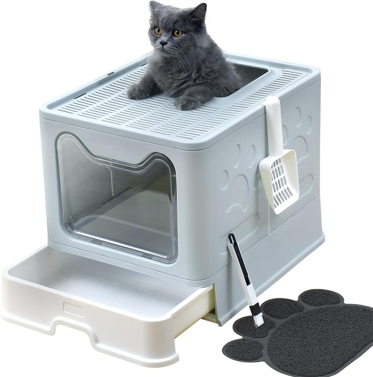 Extra Large Covered Cat Litter Box with Lid, Litter Mat and Scoop, Pack of 2 N614