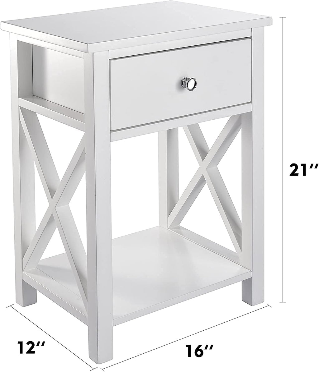 White Wooden Side End Table with Bin Drawer Set of 2 O99913