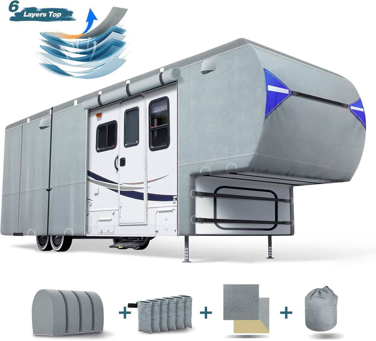 5th Wheel Travel Trailer Cover, 6 Layers Top RV Cover for 33’-37’ RV, Waterproof with 4 Tire Covers & 6 Gutter Covers J2870
