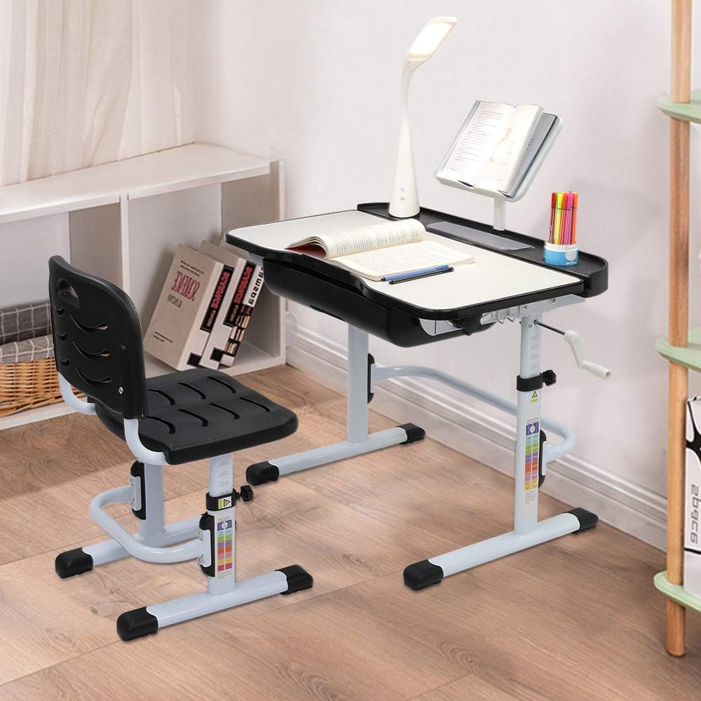 80CM Hand-cranked Lifting Top Can Tilt Children Learning Table and Chair Black with Reading Stand Desk Lamp F9551