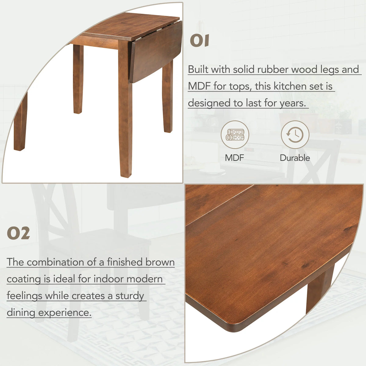 3-Piece Wood Drop Leaf Dining Table Set with 2 Chairs J4299