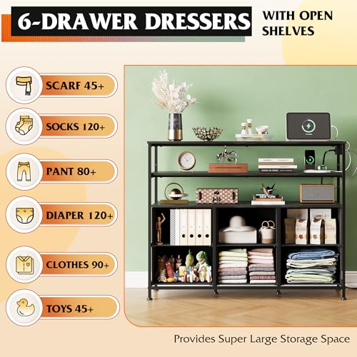 Black 6 Drawer Fabric Dresser with LED Lights and Charging Station U1558