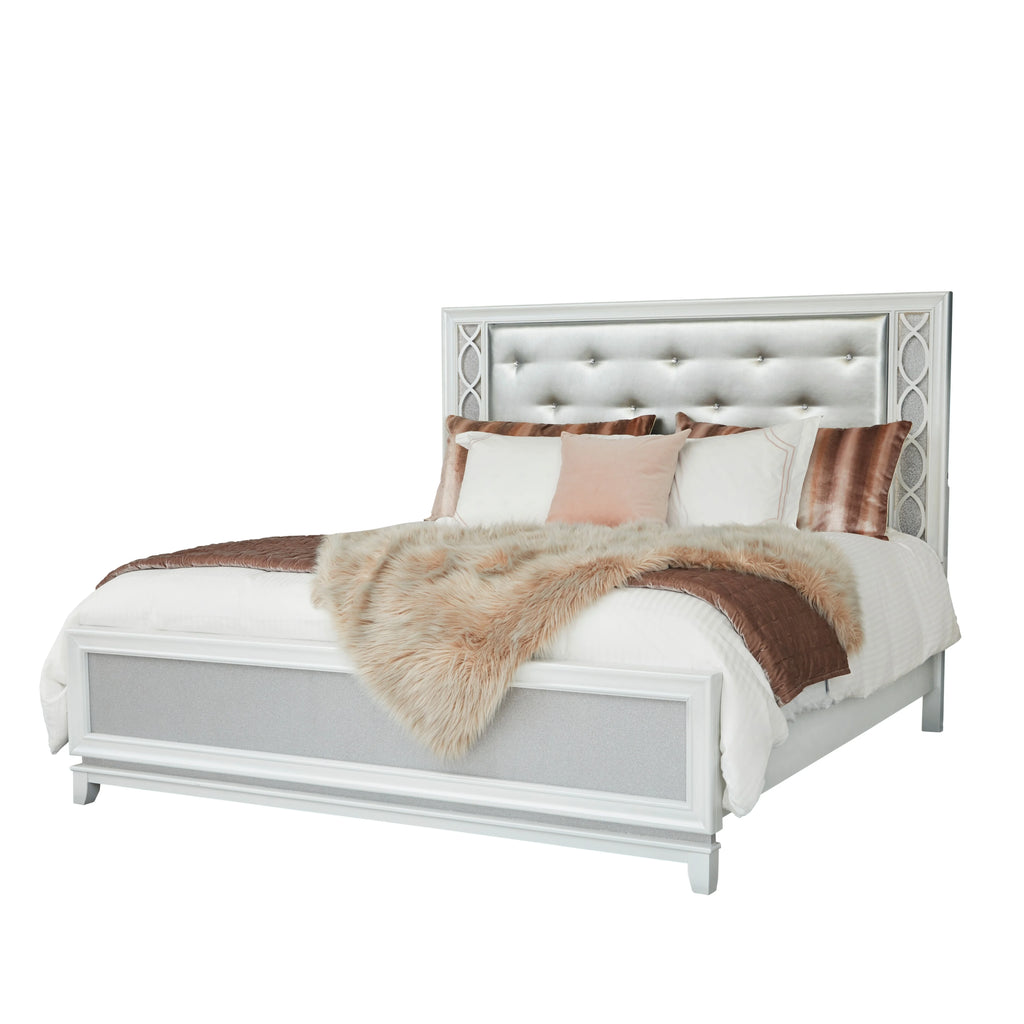 King 5-Piece Bedroom Set with LED Lights, Tufted Bed, Dresser, Mirror, and 2 Nightstands in Pearlized White L118700