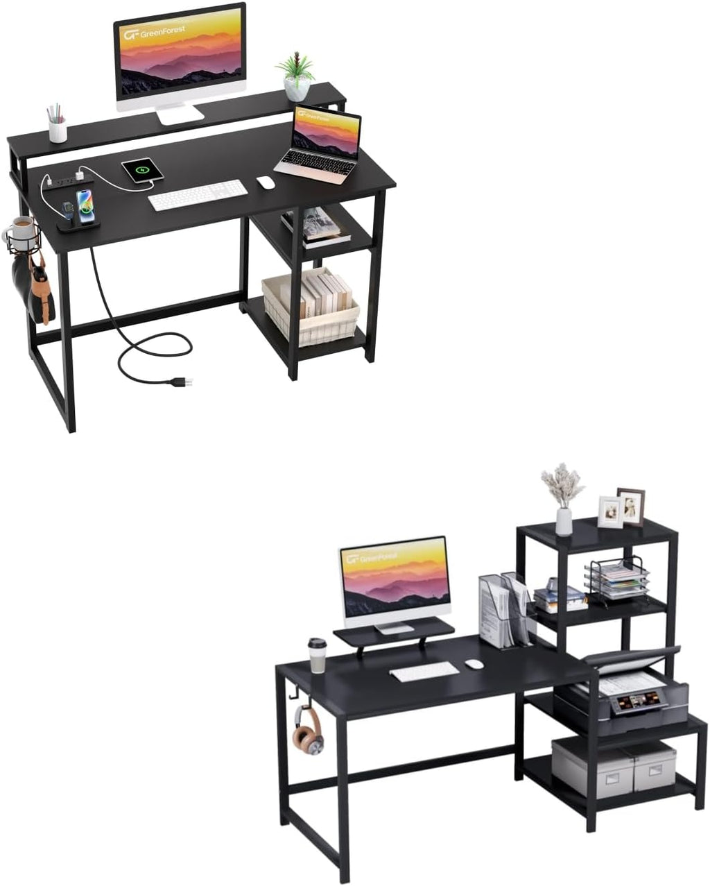 Black 58 inch Computer Desk with Monitor Stand and Storage Shelf T857881
