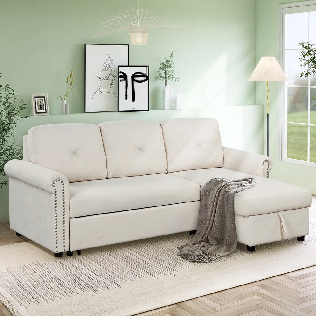 Velvet L Shaped Convertible Sleeper Sofa with Storage Chaise J94013
