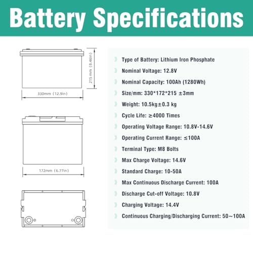 12V 100Ah LiFePO4 Lithium Battery, 12.8V 100Ah C903073