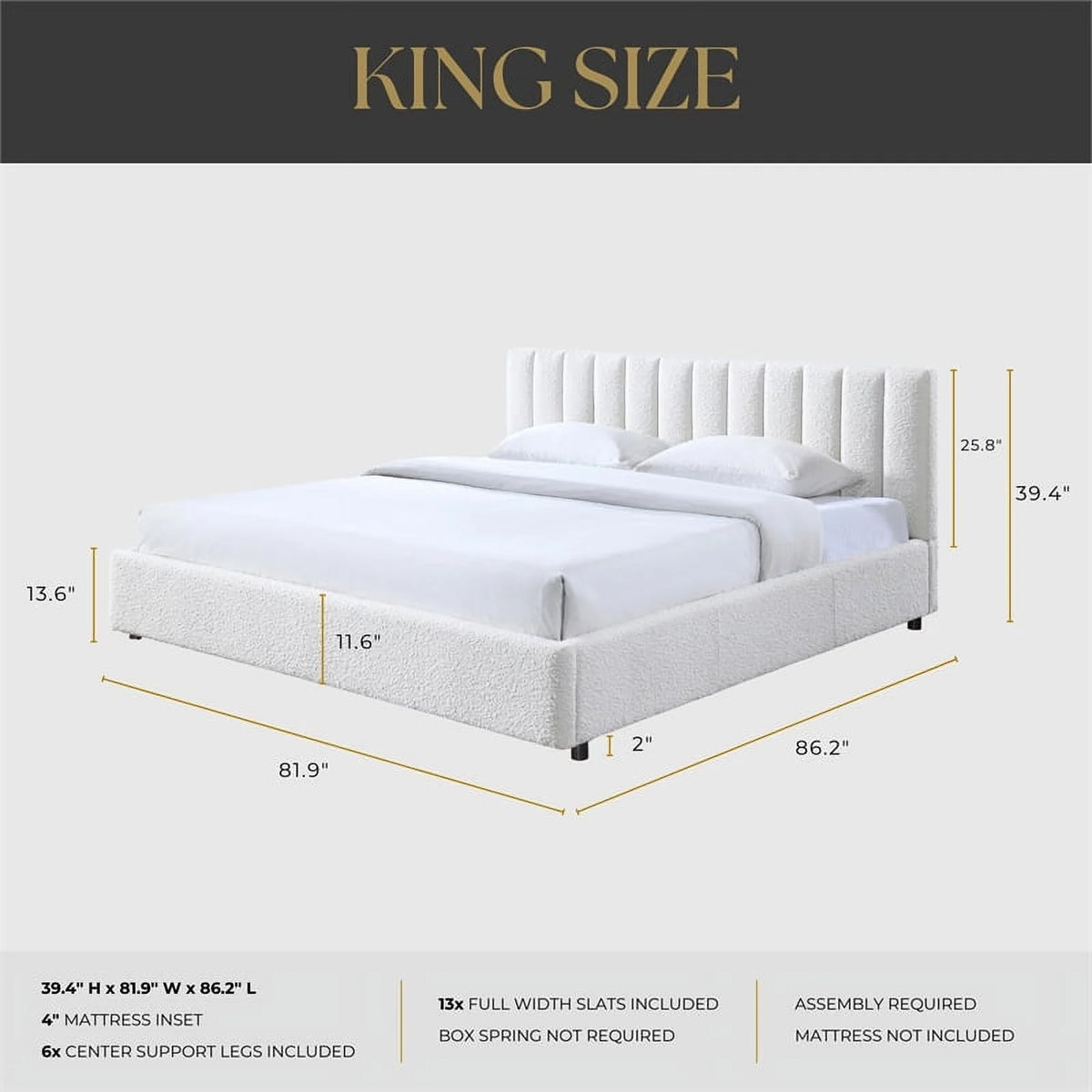 Queen Upholstered Platform Bed White Boucle Fabric H955