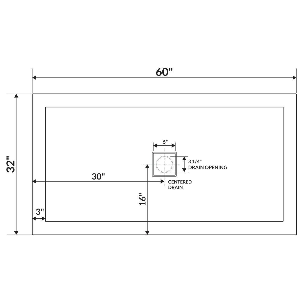 60 x 32 Right Double Threshold Shower Pan Base Wall Corner Left Drain K1291