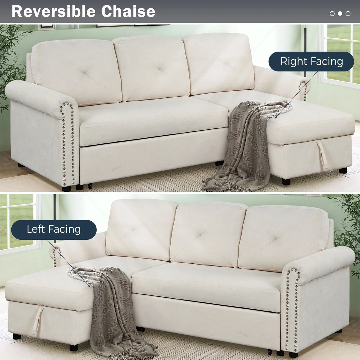 Velvet L Shaped Convertible Sleeper Sofa with Storage Chaise J94013