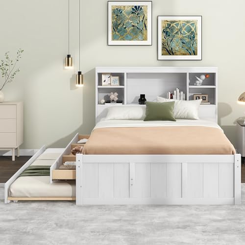 Grey Full Size Platform Bed with 6 Drawers and Storage Headboard D6307