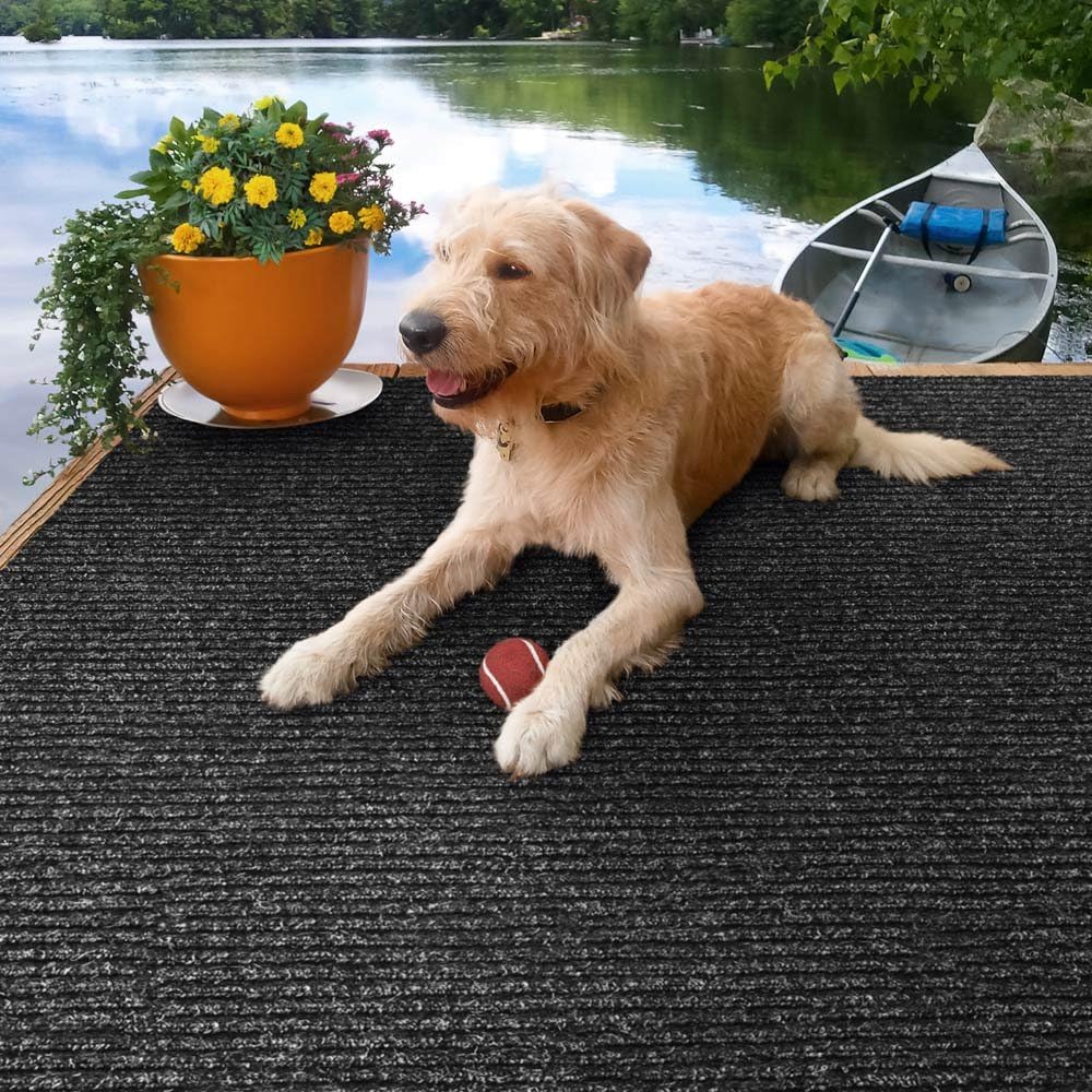 Charcoal Black Ribbed Indoor Outdoor Carpet with Rubber Backing 6 Feet X 15 Feet I62434