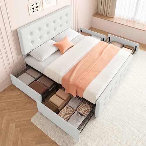 Black Queen Size Faux Leather Upholstered Platform Bed Frame with 4 Storage Drawers and Headboard C4351