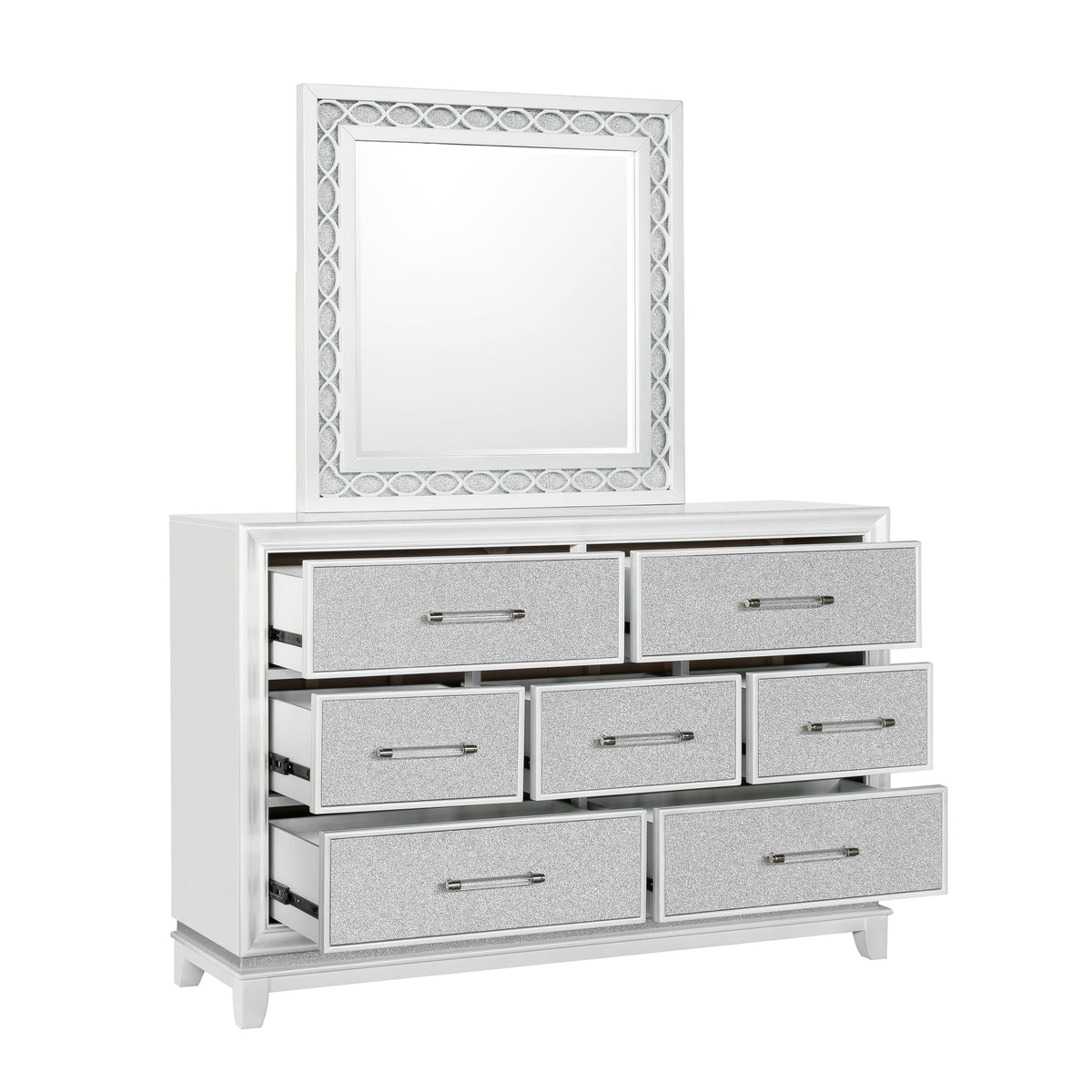 King 5-Piece Bedroom Set with LED Lights, Tufted Bed, Dresser, Mirror, and 2 Nightstands in Pearlized White L118700