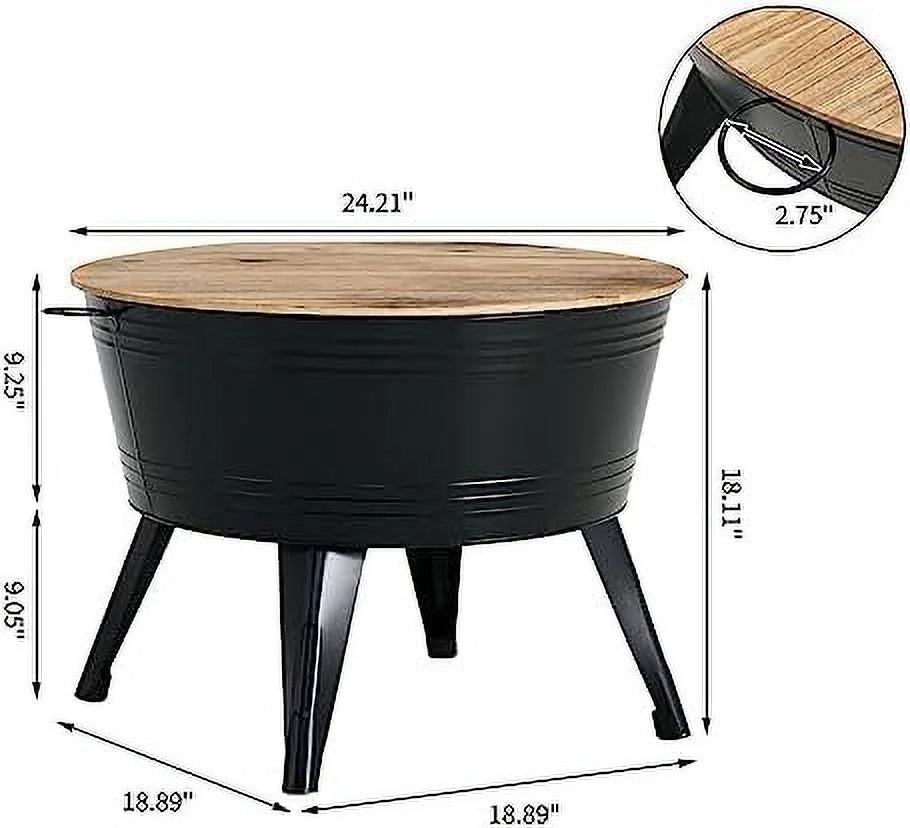 Galvanized Rustic Round Metal End Tables with Wood Lid W96881