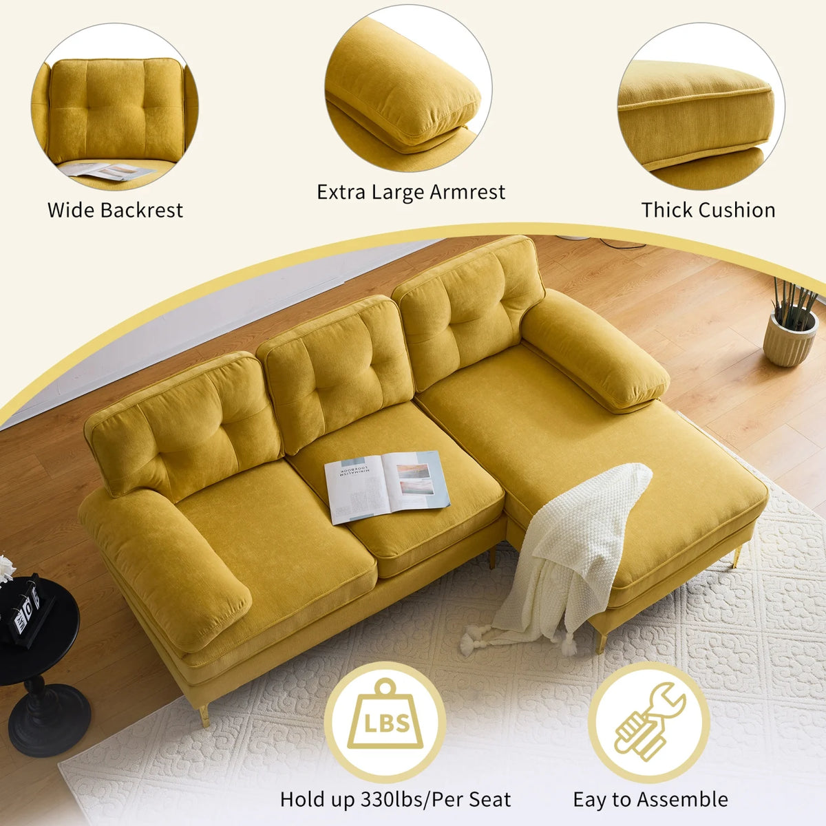 Yellow Velvet 3 Seater Sectional Sofa with Chaise E91262
