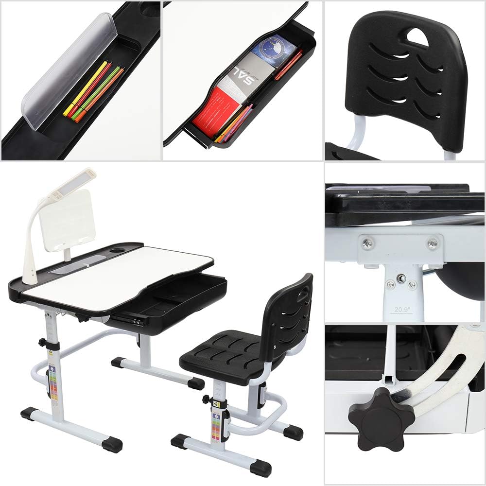 80CM Hand-cranked Lifting Top Can Tilt Children Learning Table and Chair Black with Reading Stand Desk Lamp F9551