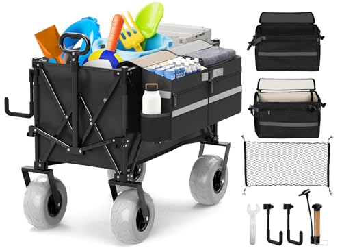 Heavy Duty Collapsible Wagon with All-Terrain 9" Pneumatic Tires and Detachable Cooler V70458