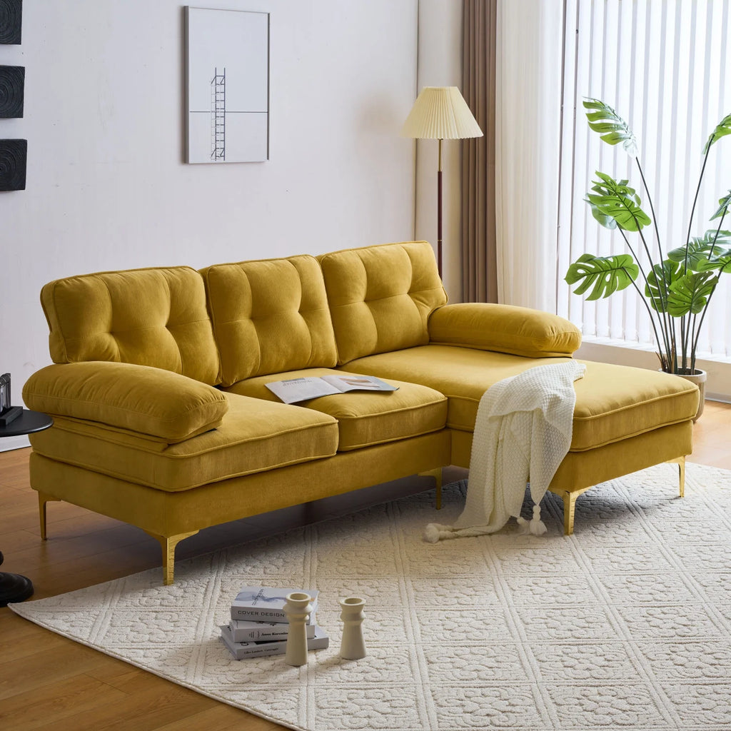 Yellow Velvet 3 Seater Sectional Sofa with Chaise E91262