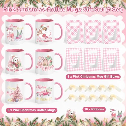 6 Sets Pink Ceramic Christmas Mugs 12 oz Y34986