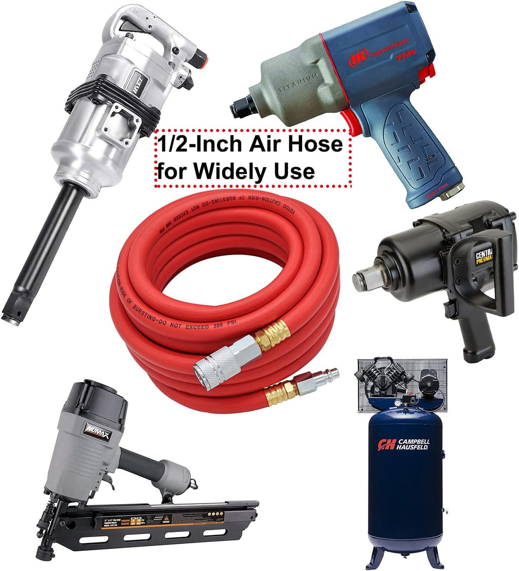 Hybrid Air Hose 1/2-Inch I.D. by 25-Feet Long Solid Brass Fitting 300 PSI with 3/8" and 1/4" Industrial Quick Coupler Connectors, Red Pack of 2 G37931