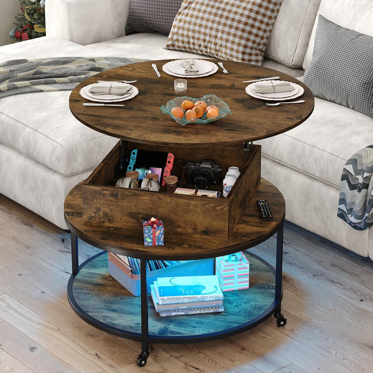 Rustic Brown Lift Top Round Coffee Table with 2-Tier Storage & Wheels P497