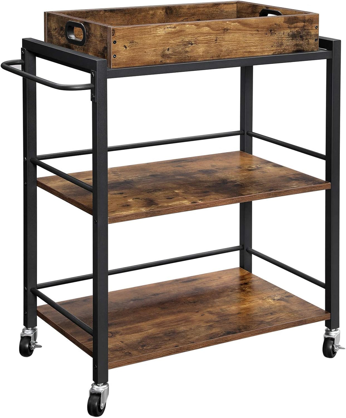 Rustic Brown and Black Bar Cart with Wheels and Handle E440936