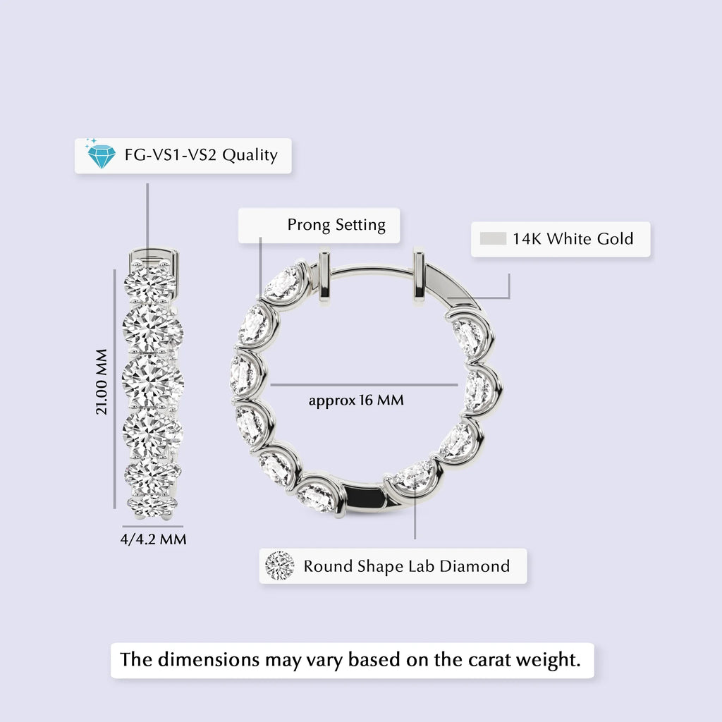 Lab Grown 2 Carat Round Shape Hoop Earrings 14K White Gold J6629