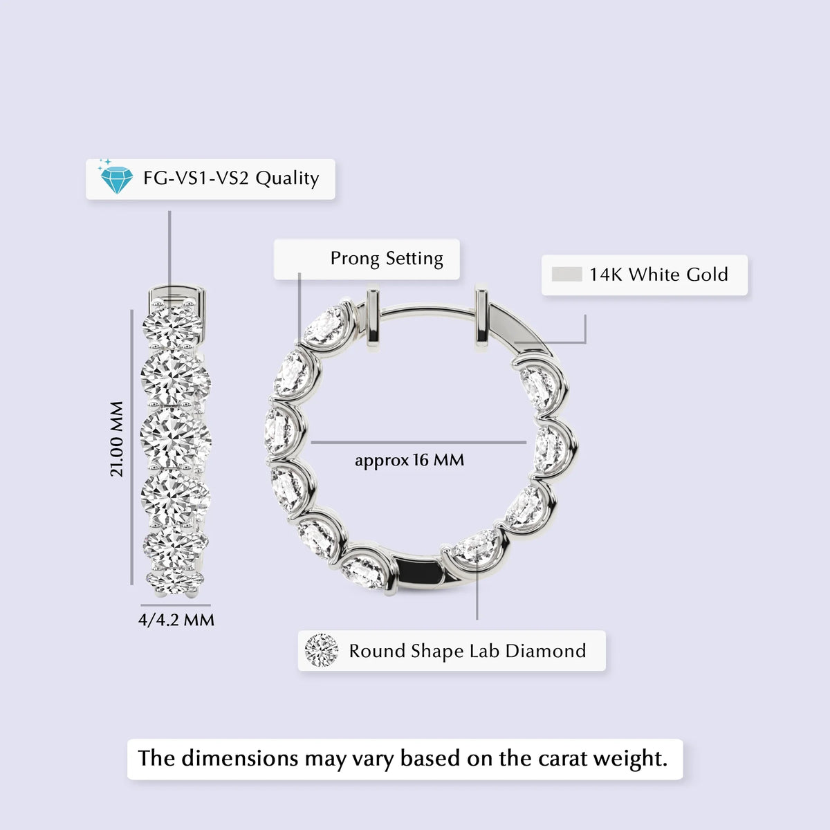 Lab Grown 2 Carat Round Shape Hoop Earrings 14K White Gold J6629