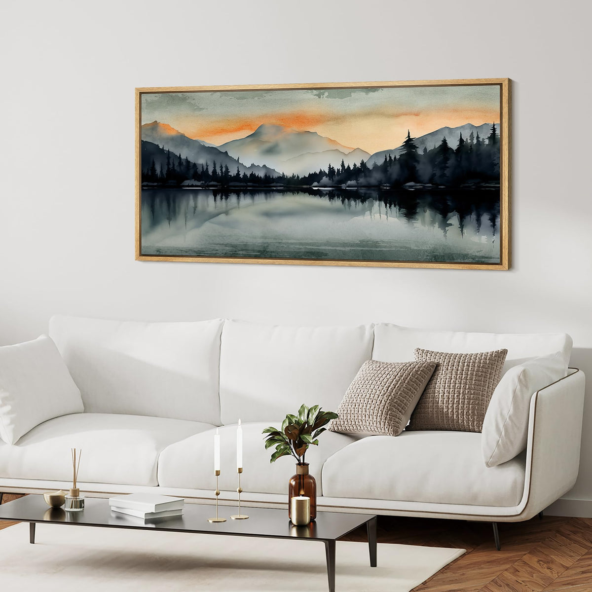 Extra Large Framed Canvas Print Wall Art Sunset Mountain Range & Lake Panoramic Modern Art Nature Wilderness Retro Wall Decorative Oversized Artwork Relax/Calm for Living Room - 60"x30" D300438