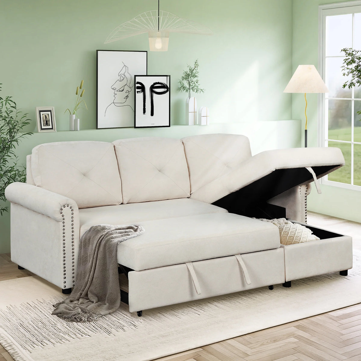 Velvet L Shaped Convertible Sleeper Sofa with Storage Chaise J94013