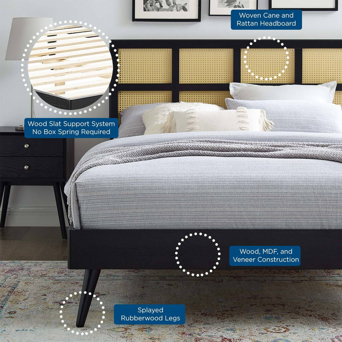 Black Cane and Wood Queen Platform Bed K41295
