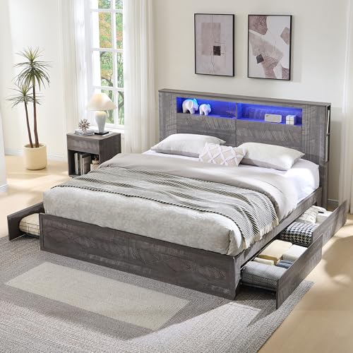 Queen Size Wood Platform Bed Frame with Storage Headboard and 4 Drawers J329293