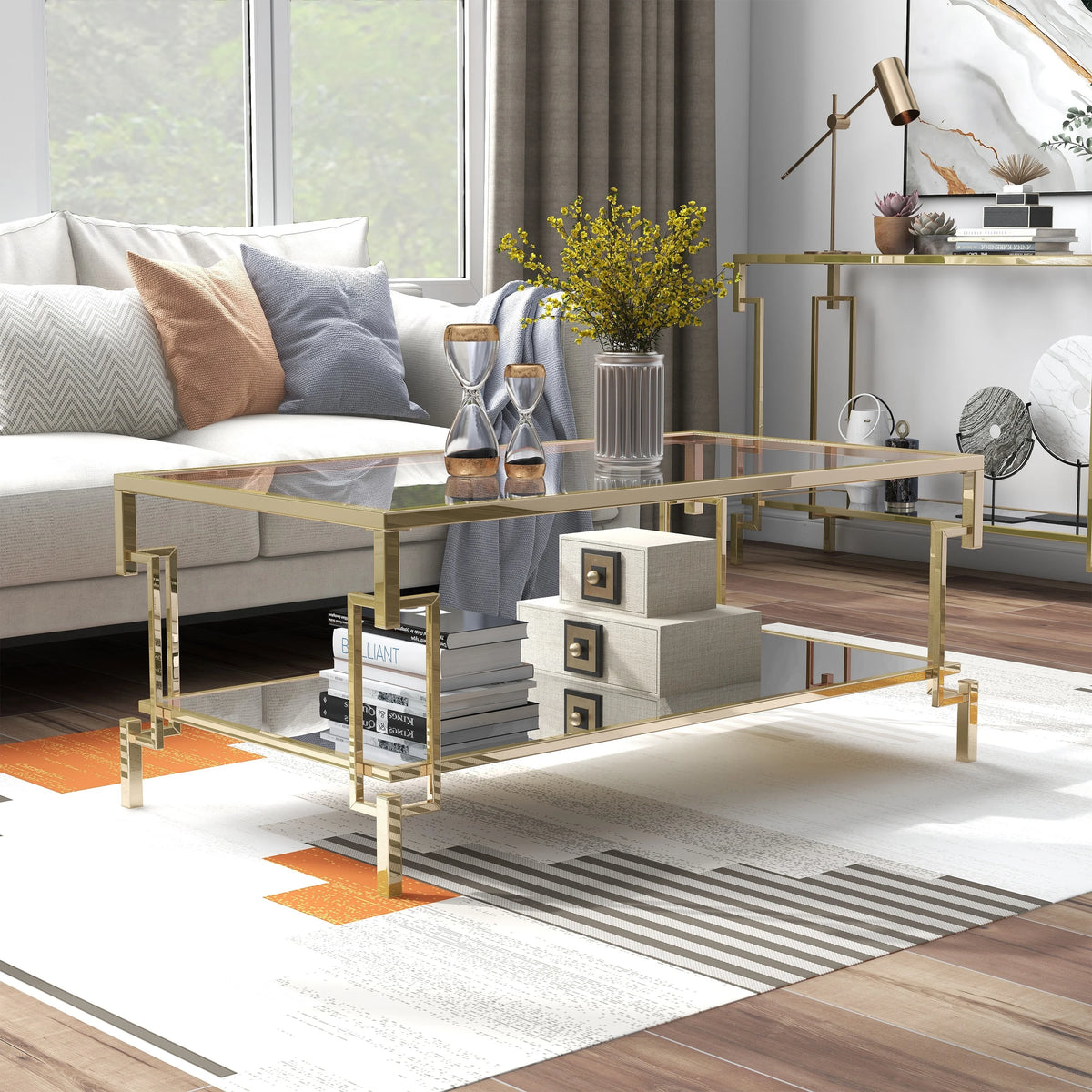 Glass Top 2-Piece Coffee Table Set with Shelf W61979