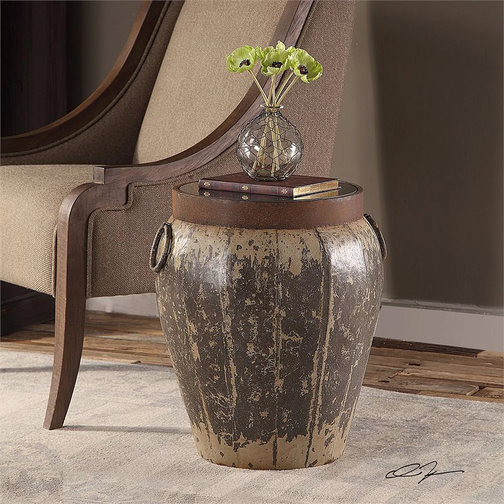 Glass Top Metal Drum End Table Set of 2 Q7306