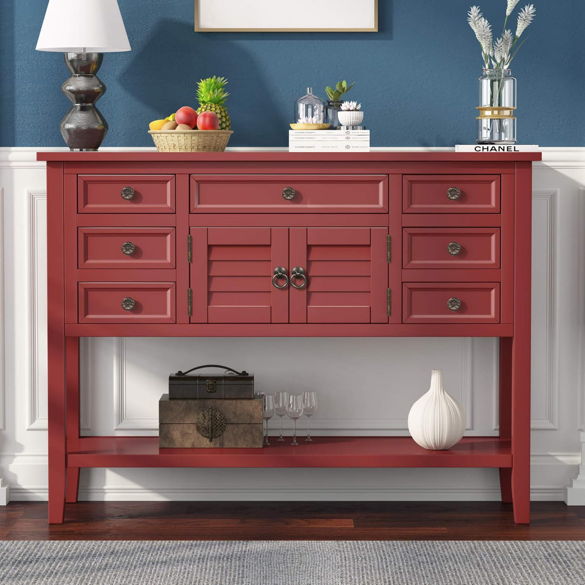 Green Solid Wood Console Table with 7 Drawers and 1 Cabinet C30338