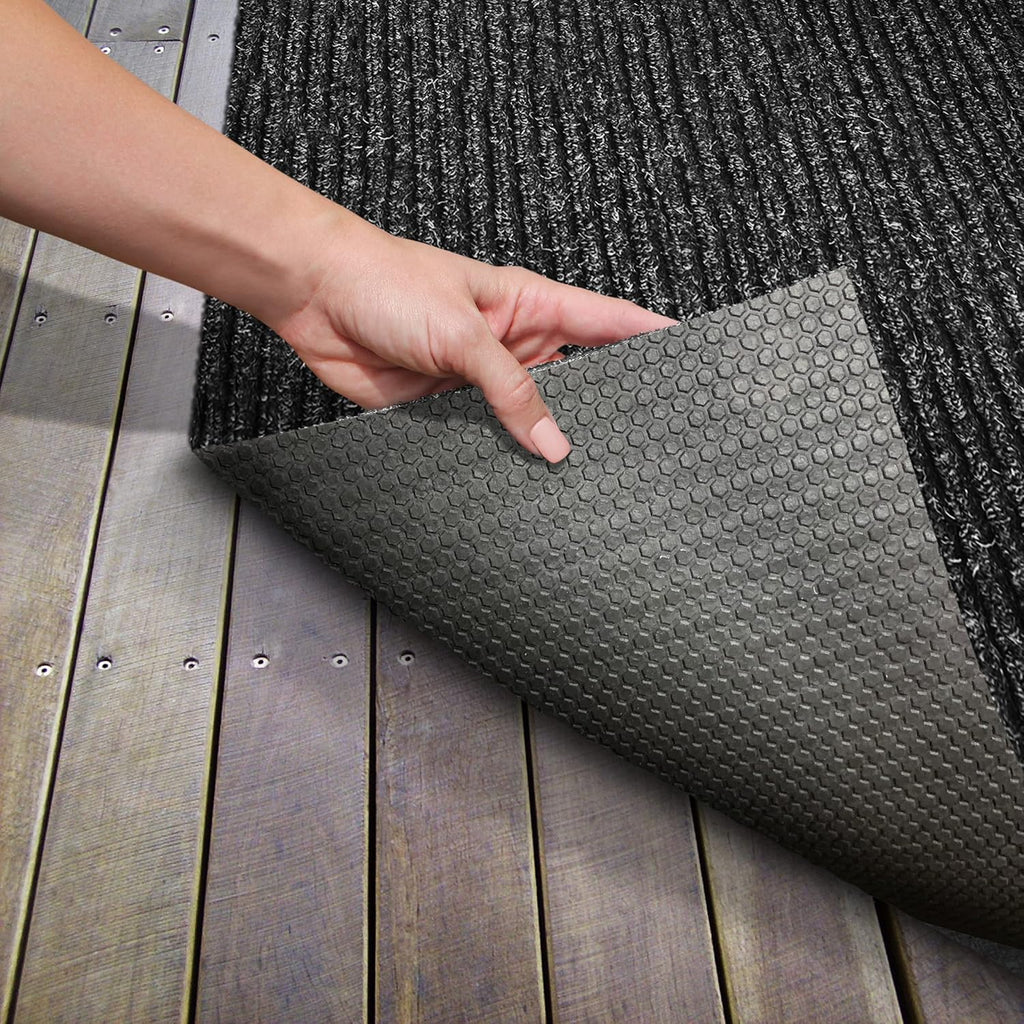 Charcoal Black Ribbed Indoor Outdoor Carpet with Rubber Backing 6 Feet X 15 Feet I62434