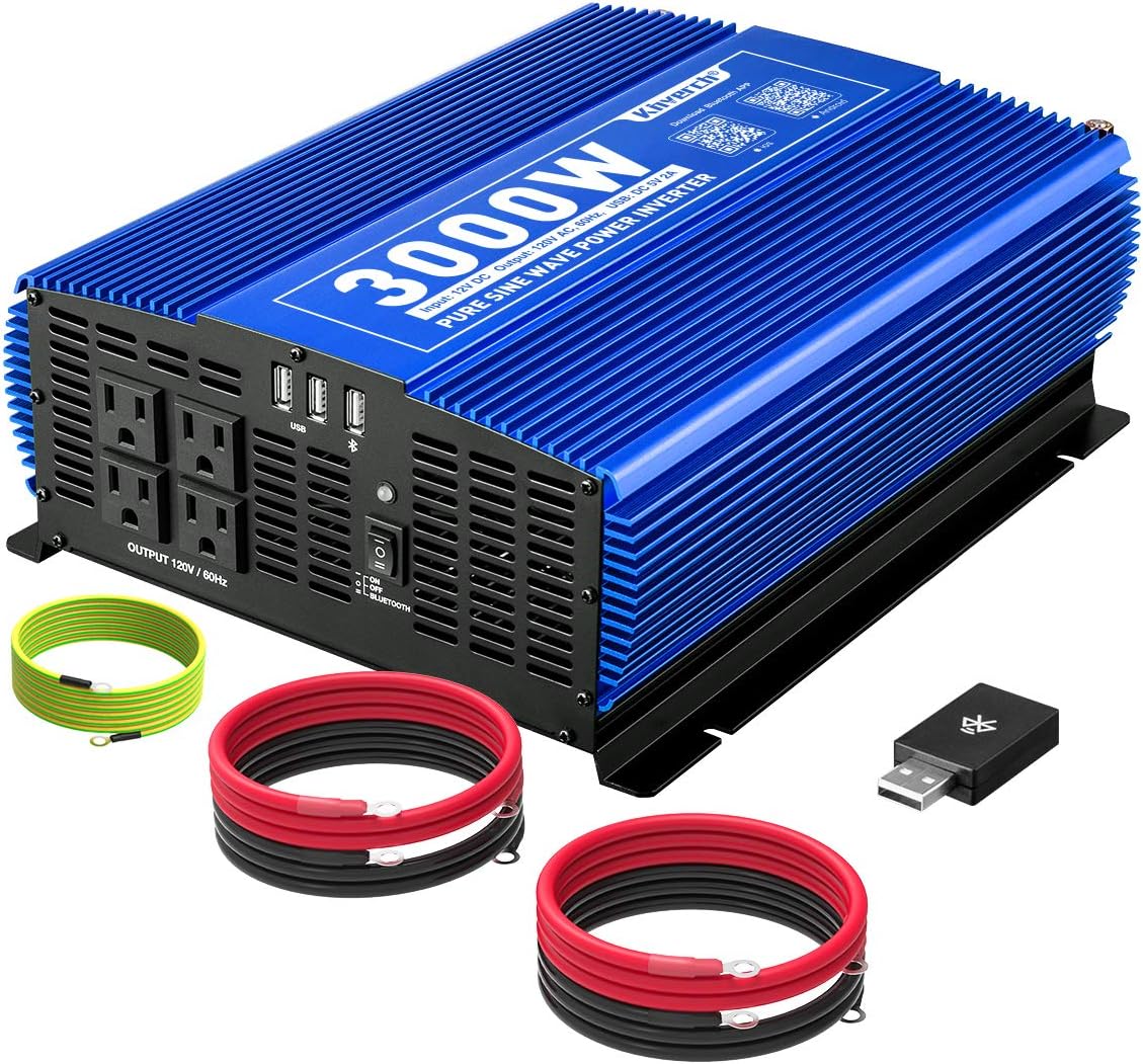 3000W Pure Sine Wave Power Inverter 12V DC to 110V AC Car Inverter with Bluetooth and 4 AC Outlets 2 USB Ports V426393