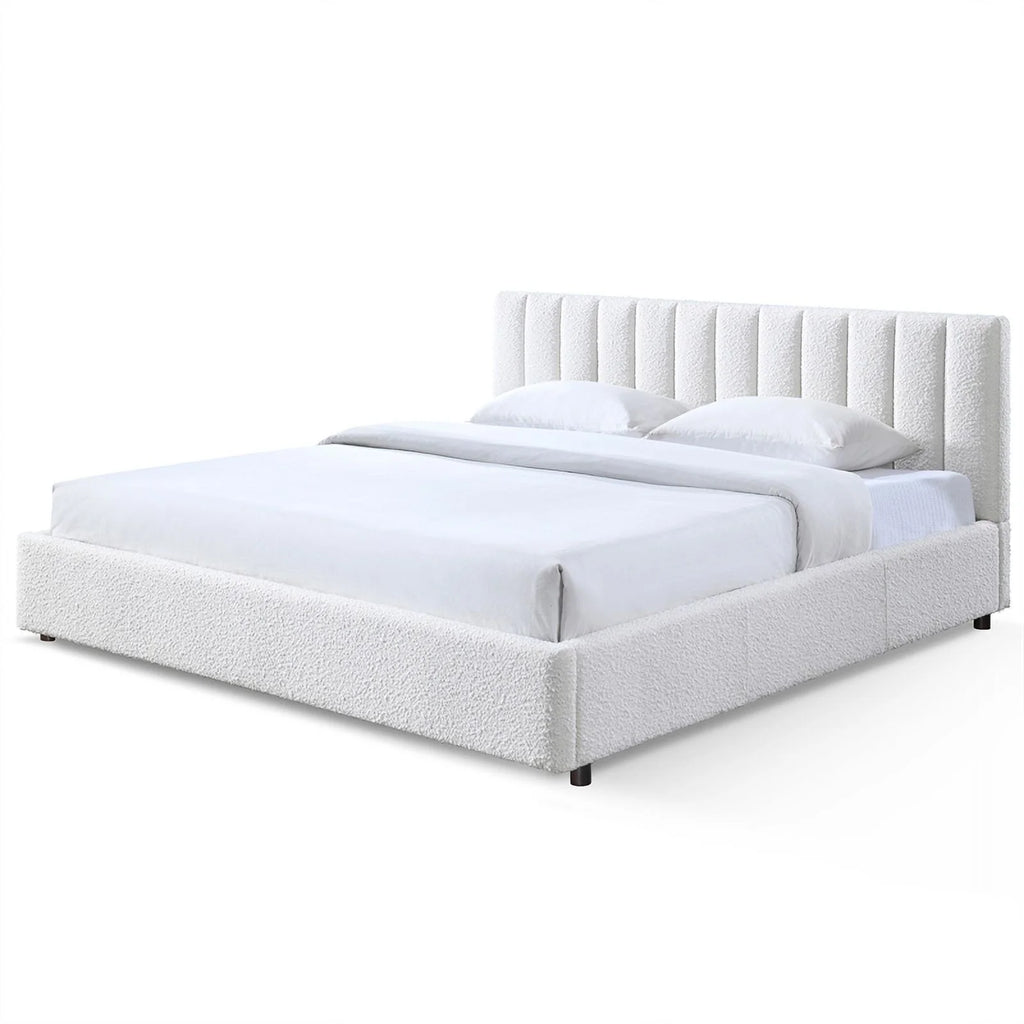 Queen Upholstered Platform Bed White Boucle Fabric H955