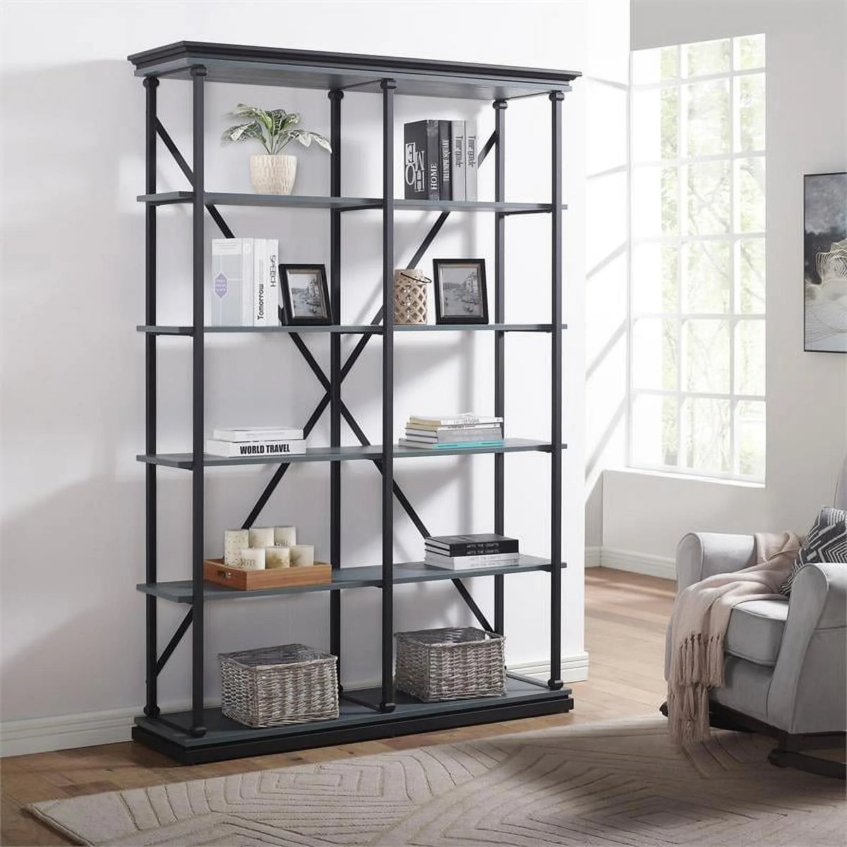 Antique Blue 58-Inch Industrial Metal Bookcase I663