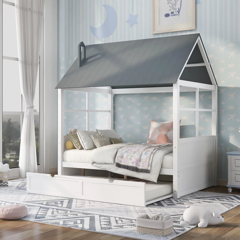 Full Size Wooden Log Cabin Bed with Double Casters A4763