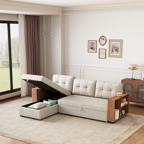 Beige L Shaped Convertible Sectional Sleeper Sofa with Storage Chaise T574