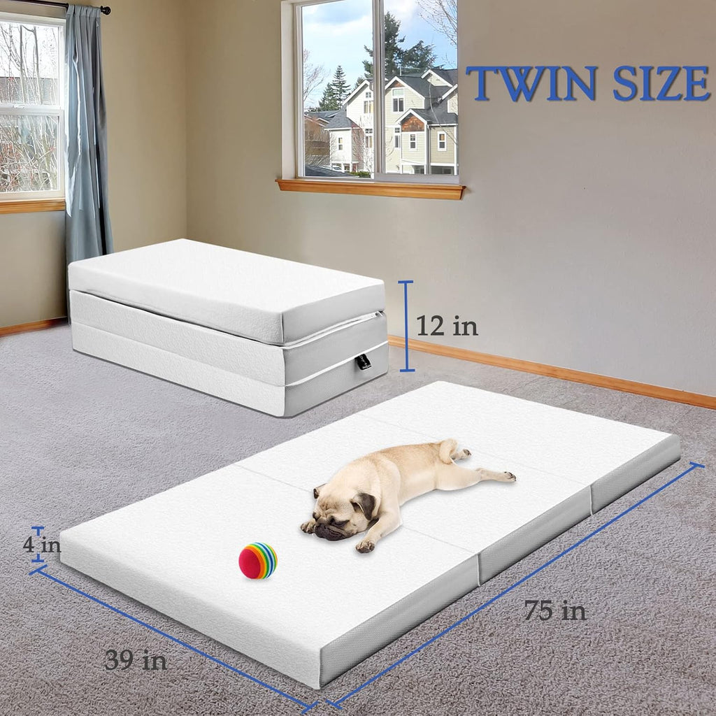 Folding Mattress, Tri-fold Mattress 4-inch, Twin Size, Memory Foam Mattress with Washable Bamboo Fabric Cover V1188