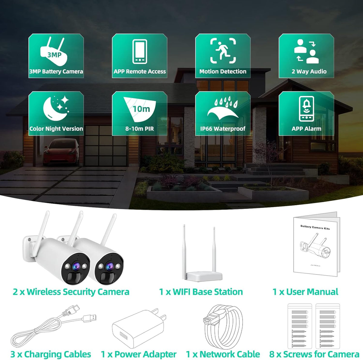 Wireless Security Camera System 3MP with 2 Way Audio, 2 PCS Battery Camera and WiFi Base Station, Color Night Vision T774976